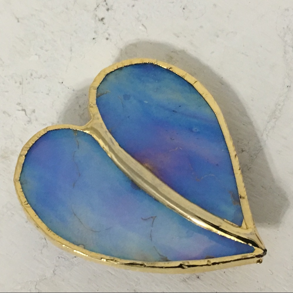 Gold Tone Blue AB Color Heart Brooch/Pin